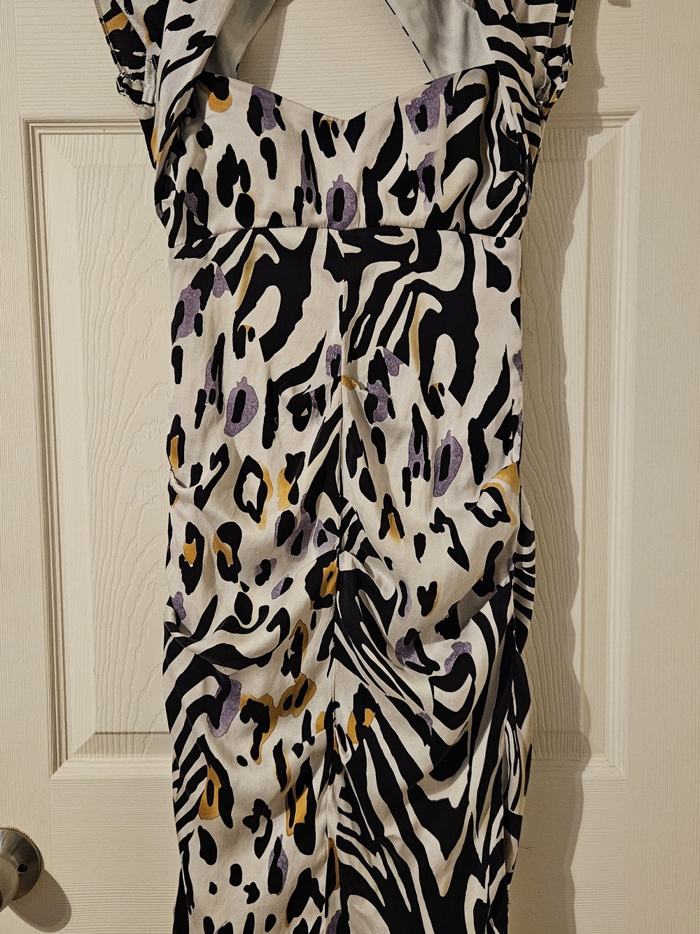 Cache Strapless Abstract Animal Print Dress in White, Black, Purple & Mustard